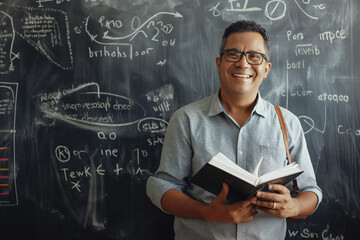 A smiling teacher standing in front of a classroom blackboard, holding an open book, with drawings and equations written in chalk, soft light, with copy space