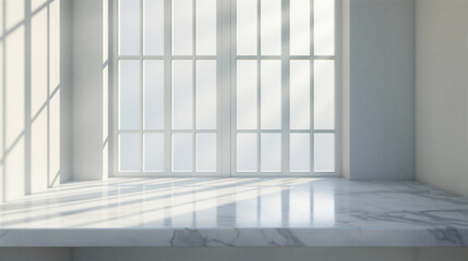 Minimalist kitchen with windows and an empty counter shelf for product placement 
