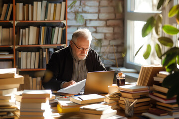 A teacher sitting at a desk grading papers, surrounded by stacks of books and a laptop, with a cup of tea, capturing a moment of dedication, soft light, with copy space