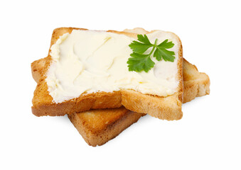 Toasts with butter and fresh parsley isolated on white