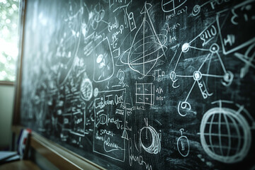 An inspirational quote written in beautiful handwriting on a classroom blackboard, surrounded by drawings and mathematical formulas, soft light, with copy space