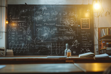 An inspirational quote written in beautiful handwriting on a classroom blackboard, surrounded by drawings and mathematical formulas, soft light, with copy space - obrazy, fototapety, plakaty
