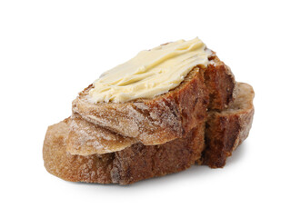 Slices of tasty bread with butter isolated on white