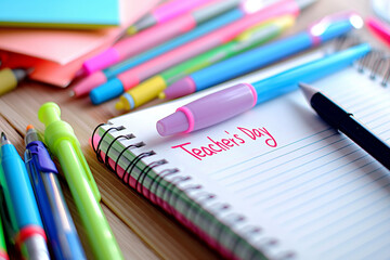 A notebook with "Teacher's Day" written on the first page, surrounded by colorful pens, pencils, and highlighters, on a wooden desk, soft light, with copy space