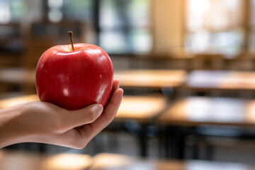 A close-up of a teacher's hand holding a red apple, with a background of blurred classroom desks and chairs, symbolizing health and education, soft light, with copy space