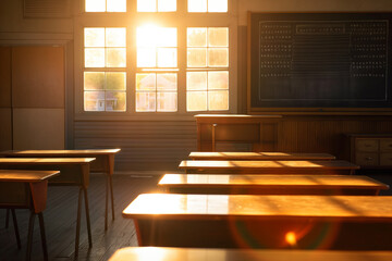 An empty classroom early in the morning, with sun rays shining through the window onto the teacher's desk and chalkboard, a peaceful setting, soft light, with copy space