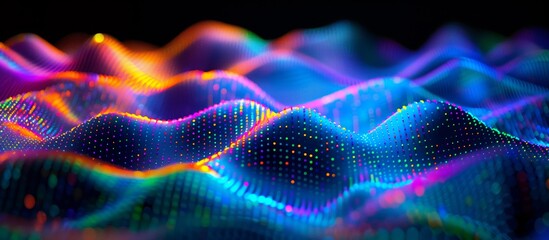 Digital abstract landscape futuristic vibrant colourful neon lights undulating waves.