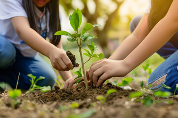 A teacher and students planting a tree in the schoolyard as a Teacher's Day project, focusing on hands putting soil around the sapling, soft light, with copy space