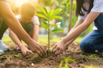 A teacher and students planting a tree in the schoolyard as a Teacher's Day project, focusing on hands putting soil around the sapling, soft light, with copy space