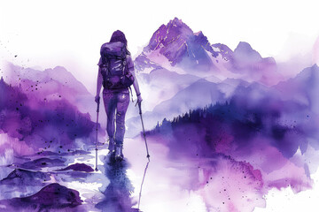 Purple watercolor painting of a female hiking in forest, adventure