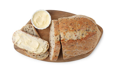 Tasty bread with butter on white background, top view
