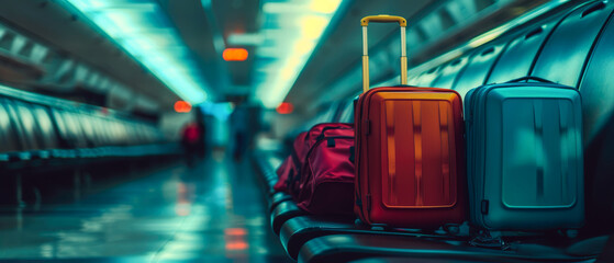 Travel mock with suitcase or luggage,accessories, Bags for trip. Blurred airport background and plane. Vacation, travel, adventure tourism leisure concept. Generative ai - obrazy, fototapety, plakaty