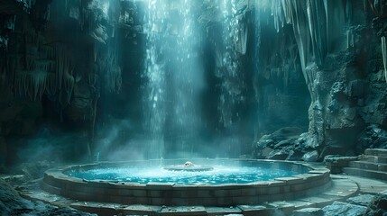 Enigmatic Fountain Oasis: A Gateway to Mystical Depths. Concept Fantasy Setting, Mysterious Waters, Ethereal Surroundings, Ancient Secrets, Tranquil Serenity