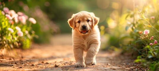 Golden retriever puppy happily playing fetch with owner in the park, forming strong bond - obrazy, fototapety, plakaty