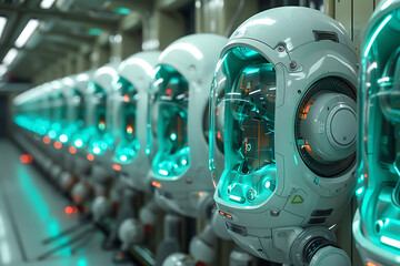 Fototapeta premium A Spectacular Turquoise-Lit Robotic Hospital Celebration: A Peek into the Future of Healthcare Services