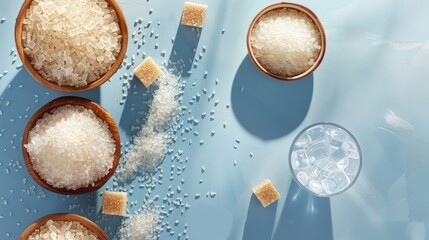 Wooden bowls filled with white and brown sugar cubes. Sweetness variety
