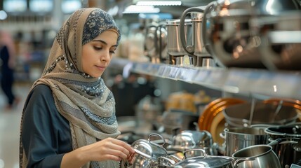 Middle Eastern women wearing hijab examining kitchenware at a home goods store