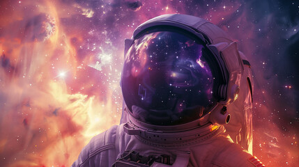 Astronaut Helmet Reflecting the Cosmic Beauty of Outer Space - obrazy, fototapety, plakaty