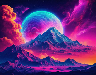 mountains with planet and space background digital art