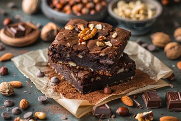 A stack of brownies sitting on top of a table covered in nuts and chocolates next to a bowl of nuts