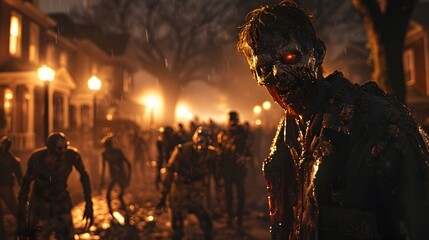 Eerie Zombie Mob Descending on Suburban Neighborhood Ghastly Forms Illuminated by Streetlights - obrazy, fototapety, plakaty