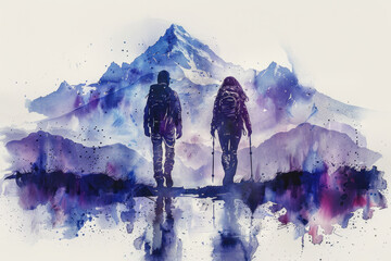 Purple watercolor painting of a couple hiking in forest, adventure