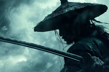 Haunted Samurai Warrior Seeks Redemption Amidst the Stormy Skies His Sword Poised for Resolve - obrazy, fototapety, plakaty