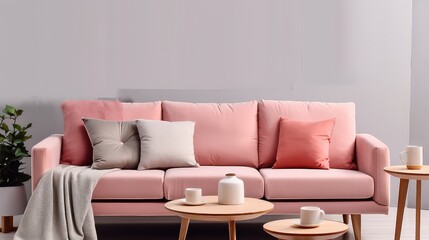 pink sofa in living room with large cushions UHD Wallpaper