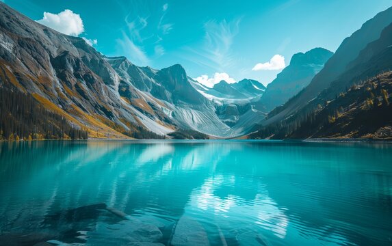 Teal mountain lake under clear skies, panoramic view - tranquil setting, mountain.
