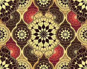 Vector hand drawn seamless pattern with rhombuses with golden mandalas. Islam, Arabic, Indian, ottoman, asian motifs.