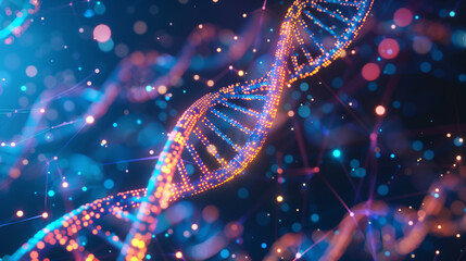 Glowing DNA Strand in Microscopic Detail with Bokeh Effect - obrazy, fototapety, plakaty