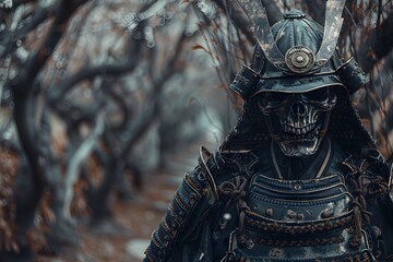 Fototapeta na wymiar Undead Samurai Warrior Wandering Through Desolate Autumnal Forest in Eerie Silence