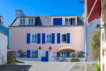 Sauzon in Belle-Ile, Brittany, typical street in the village, with colorful houses
- 785450882