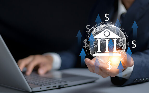 Global currency exchange concept, Businessman holding virtual world map and dollar yuan yen euro and pound sterling sign. Global business, international trading currency, world economy money, transfer