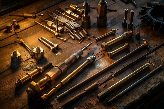 Ultra High Definition Image of Precision Engineering Tools Laid Out on a Vintage Wooden Table, Illuminated by Warm, Perfect Lighting to Celebrate International Engineers Day