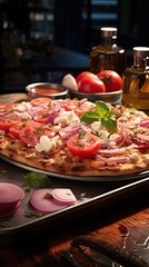 pinsa flatbread on small metal baking sheet on pink UHD Wallpaper