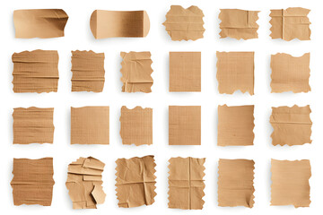 Collection of ripped pieces of corrugated cardboard isolated on white background
