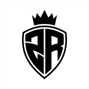 recommend clip art: ZR Letter monogram shield and crown outline shape with black and white color design
