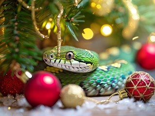 A green snake lies on the floor under a Christmas tree surrounded by Christmas decorations