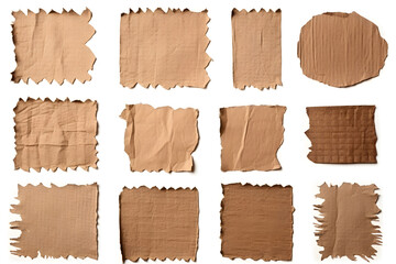 Collection of ripped pieces of corrugated cardboard isolated on white background