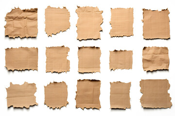 Collection of ripped pieces of corrugated cardboard isolated on white background - obrazy, fototapety, plakaty
