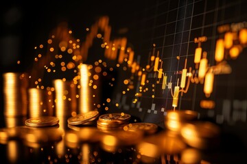 Gold coins raining down on a stock chart, Representing financial abundance and prosperity - obrazy, fototapety, plakaty