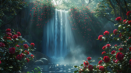 Hope, blooming roses, a cascading waterfall leading into a lush forest