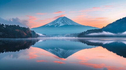Fototapeta na wymiar Early morning glow over Lake Kawaguchiko with Mount Fuji's iconic peak.