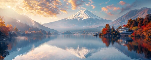 Early morning glow over Lake Kawaguchiko with Mount Fuji's iconic peak. - obrazy, fototapety, plakaty