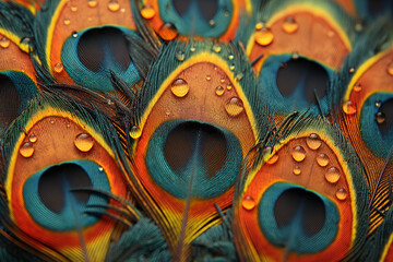 Vivid Peacock Feathers with Morning Dewdrops