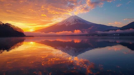 Fototapeta na wymiar Early morning glow over Lake Kawaguchiko with Mount Fuji's iconic peak.