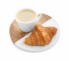 Tasty breakfast. Cup of coffee and croissant isolated on white