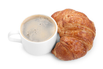 Tasty breakfast. Cup of coffee and fresh croissant isolated on white