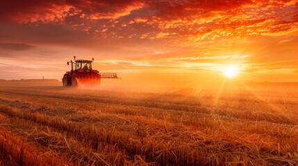 Agricultural tractor performing tasks at sunset with informative infographic data - obrazy, fototapety, plakaty